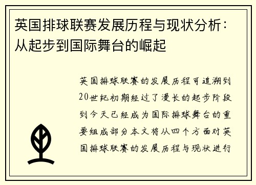 英国排球联赛发展历程与现状分析：从起步到国际舞台的崛起