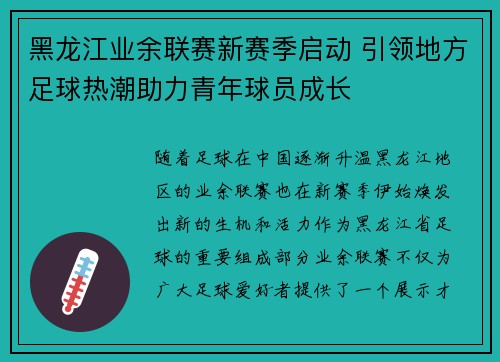 黑龙江业余联赛新赛季启动 引领地方足球热潮助力青年球员成长