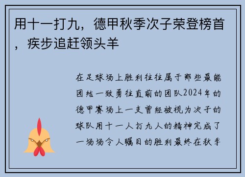 用十一打九，德甲秋季次子荣登榜首，疾步追赶领头羊